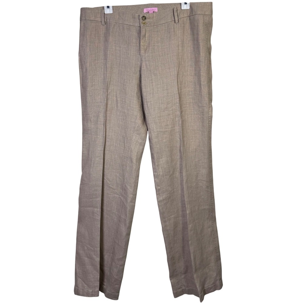 Lilly Pulitzer Womens Size 12 Linen Pants Beige Gold Shimmer Trousers Midrise